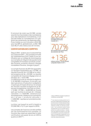 Bilan
                                                                                                Faits & chiffres




Il convient de noter que 9,3 M€, versés
sous forme d’acomptes à des mandataires
pour des réalisations immobilières, n’ont
pas été traités en mandatement. En inté-
                                                   265,2
                                                   millions d’euros, c’est
                                                   le budget d’Inria pour
grant ces versements, les dépenses effec-          l’année 2011.
tives totales se sont élevées à 26,6 M€
pour les OIP et, globalement, à 236,1 M€
(soit 90,3 % des ressources de l’année).

CERTIFICATION DES COMPTES                          70,7%
                                                   des recettes sont constituées
                                                   des dotations de l’État.
Depuis 2010 – et donc pour la seconde fois
sur l’exercice 2011 –, les comptes annuels
de l’établissement font l’objet d’une cer-
tiﬁcation par un collège de commissaires
aux comptes et intègrent des ajustements
comptables d’inventaire (produits consta-
                                                   +13,6
                                                   millions d’euros, c’est le résultat
                                                   comptable établi en 2011.
tés d’avance, produits à recevoir, charges
constatées d’avance, charges à payer).

Le compte ﬁnancier de 2011 fait apparaître
un résultat d’exploitation de + 4,5 M€, un
résultat ﬁnancier de + 0,2 M€ et un résul-
tat exceptionnel de + 8,9 M€. Le résultat
comptable de l’exercice dégage ainsi un
bénéﬁce de + 13,611 M€.
La différence avec le résultat budgétaire
(+ 8,748 M€) s’explique, d’une part, par
des opérations d’exécution budgétaire
n’ayant pas d’impact direct sur le compte
de résultat (recettes budgétaires et dé-
penses budgétaires inscrites au bilan :
+ 13,384 - 21,790 = - 8,406 M€) et, d’autre
part, par la prise en compte de « charges
calculées » (+ 7,626 M€ : dotations aux
amortissements, dotations aux provisions,          * Dont 17,4 M€ de contrats européens et
etc.) et des « produits calculés »                 13,6 M€ de contrats ANR.
(- 4,083 M€ : reprises sur provisions anté-        ** Les réserves levées portent sur le
rieures).                                          suivi des congés payés et l’évaluation des
                                                   provisions pour comptes épargne temps
Le bilan net (passif et actif) s’établit à         ainsi que sur les procédures de contrôle
                                                   relatives à laTVA. Les réserves mainte-
212,962 M€ (+ 5,2 % par rapport à 2010).           nues – qui constituent autant d’axes
                                                   d’amélioration pour le contrôle interne –
Les comptes de l’exercice ont été certiﬁés         portent sur quatre processus : recense-
par les commissaires aux comptes. Le               ment des dettes fournisseurs, suivi des
                                                   immobilisations, suivi des comptes d’at-
nombre des réserves associées à cette              tente, homogénéité d’application de la
certification est passé de six en 2010 à           méthode de comptabilisation à l’avance-
quatre en 2011**.                                  ment des ressources propres.




                                              71
 