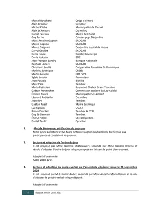  	
  	
  	
  	
  	
  	
  	
  	
  	
  	
  	
  Marcel	
  Bouchard	
  	
  	
  	
  	
                                                                                      Coop	
  Val-­‐Nord	
  
	
  	
  	
  	
  	
  	
  	
  	
  	
  	
  	
  	
  Alain	
  Brodeur	
  	
  	
                                                                                                Cyclofor	
  
	
  	
  	
  	
  	
  	
  	
  	
  	
  	
  	
  	
  Michel	
  Cliche	
  	
  	
  	
  	
                                                                                        Municipalité	
  de	
  Clerval	
  
	
  	
  	
  	
  	
  	
  	
  	
  	
  	
  	
  	
  Alain	
  D’Amours	
  	
  	
  	
  	
  	
  	
  	
  	
  	
  	
  	
  	
  	
  	
  	
  	
  	
  	
  	
  	
  	
  	
  	
  	
  	
   Du	
  milieu	
  
	
  	
  	
  	
  	
  	
  	
  	
  	
  	
  	
  	
  Daniel	
  Favreau	
  	
  	
  	
  	
  	
                                                                                   Maire	
  de	
  Chazel	
  
	
  	
  	
  	
  	
  	
  	
  	
  	
  	
  	
  	
  Guy	
  Fortin	
  	
  	
  	
                                                                                               Caisses	
  pop.	
  Desjardins	
  
	
  	
  	
  	
  	
  	
  	
  	
  	
  	
  	
  	
  Marc-­‐Antoine	
  Gagnon	
  	
  	
                                                                                        SADCAO	
  
	
  	
  	
  	
  	
  	
  	
  	
  	
  	
  	
  	
  Marco	
  Gagnon	
  	
  	
  	
  	
                                                                                         SADCAO	
  
	
  	
  	
  	
  	
  	
  	
  	
  	
  	
  	
  	
  Marco	
  Gaignard	
  	
  	
                                                                                               Desjardins	
  capital	
  de	
  risque	
  
	
  	
  	
  	
  	
  	
  	
  	
  	
  	
  	
  	
  Darryl	
  Geldart	
  	
  	
  	
                                                                                           SADCAO	
  
	
  	
  	
  	
  	
  	
  	
  	
  	
  	
  	
  	
  Denis	
  Houle	
  	
  	
                                                                                                  Nordic	
  Bioénergie	
  
	
  	
  	
  	
  	
  	
  	
  	
  	
  	
  	
  	
  Denis	
  Jodouin	
  	
  	
  	
                                                                                            BDC	
  
	
  	
  	
  	
  	
  	
  	
  	
  	
  	
  	
  	
  Jean-­‐François	
  Landry	
                                                                                               Banque	
  Nationale	
  
	
  	
  	
  	
  	
  	
  	
  	
  	
  	
  	
  	
  Raphaël	
  Leclerc	
  	
  	
                                                                                              SADCAO	
  
	
  	
  	
  	
  	
  	
  	
  	
  	
  	
  	
  	
  Christian	
  Léveillé	
  	
  	
  	
  	
                                                                                   Coopérative	
  forestière	
  St-­‐Dominique	
  
	
  	
  	
  	
  	
  	
  	
  	
  	
  	
  	
  	
  Mathieu	
  Lévesque	
  	
  	
                                                                                             CREBJ	
  
	
  	
  	
  	
  	
  	
  	
  	
  	
  	
  	
  	
  Martin	
  Loiselle	
  	
  	
  	
                                                                                          CDE	
  VVB	
  
	
  	
  	
  	
  	
  	
  	
  	
  	
  	
  	
  	
  Sylvio	
  Lussier	
  	
  	
  	
  	
  	
  	
                                                                               Promoteur	
  
	
  	
  	
  	
  	
  	
  	
  	
  	
  	
  	
  	
  Jean	
  Paradis	
  	
  	
  	
                                                                                             Biofilia	
  
	
  	
  	
  	
  	
  	
  	
  	
  	
  	
  	
  	
  Marc	
  Paré	
  	
  	
  	
  	
  	
  	
                                                                                    Tembec	
  
	
  	
  	
  	
  	
  	
  	
  	
  	
  	
  	
  	
  Mario	
  Petitclerc	
  	
  	
  	
  	
  	
                                                                                 Raymond	
  Chabot	
  Grant	
  Thornton	
  
	
  	
  	
  	
  	
  	
  	
  	
  	
  	
  	
  	
  Gaétan	
  Provencher	
  	
  	
  	
  	
                                                                                    Commission	
  scolaire	
  du	
  Lac-­‐Abitibi	
  
	
  	
  	
  	
  	
  	
  	
  	
  	
  	
  	
  	
  Émilien	
  Rivard	
  	
  	
                                                                                               Municipalité	
  St-­‐Lambert	
  
	
  	
  	
  	
  	
  	
  	
  	
  	
  	
  	
  	
  Léonard	
  Robitaille	
  	
  	
  	
  	
                                                                                   Du	
  milieu	
  
	
  	
  	
  	
  	
  	
  	
  	
  	
  	
  	
  	
  Jean	
  Roy	
  	
  	
  	
  	
  	
  	
  	
                                                                                 Tembec	
  
	
  	
  	
  	
  	
  	
  	
  	
  	
  	
  	
  	
  Gaétan	
  Ruest	
  	
  	
  	
                                                                                             Maire	
  de	
  Amqui	
  
	
  	
  	
  	
  	
  	
  	
  	
  	
  	
  	
  	
  Luc	
  Sigouin	
  	
  	
  	
  	
                                                                                          UQAT	
  
	
  	
  	
  	
  	
  	
  	
  	
  	
  	
  	
  	
  Roland	
  Sinclair	
  	
  	
  	
                                                                                          Tembec	
  &	
  CTRI	
  
	
  	
  	
  	
  	
  	
  	
  	
  	
  	
  	
  	
  Guy	
  St-­‐Germain	
  	
                                                                                                 Tembec	
  
	
  	
  	
  	
  	
  	
  	
  	
  	
  	
  	
  	
  Éric	
  St-­‐Pierre	
  	
  	
                                                                                             CFE	
  Desjardins	
  
	
  	
  	
  	
  	
  	
  	
  	
  	
  	
  	
  	
  Daniel	
  Tardif	
  	
  	
                                                                                                Cyclofor	
  
  	
  
1.                                                 Mot  de  bienvenue,  vérification  du  quorum	
  
                                                 Mme	
  Sylvie	
  Lafortune	
  et	
  M.	
  Marc-­‐Antoine	
  Gagnon	
  souhaitent	
  la	
  bienvenue	
  aux	
  
                                                 participants	
  et	
  constatent	
  le	
  quorum.	
  
	
  	
  
2.           Lecture  et  adoption  de  l’ordre  du  jour	
  
                                                 Il	
   est	
   proposé	
   par	
   Mme	
   Jacinthe	
   Châteauvert,	
   secondé	
   par	
   Mme	
   Isabelle	
   Brochu	
   et	
  
                                                 résolu	
  d’adopter	
  l’ordre	
  du	
  jour	
  tel	
  que	
  proposé	
  en	
  laissant	
  le	
  point	
  divers	
  ouvert.	
  	
  
	
  	
  
	
  	
  	
  	
  	
                               Adopté	
  à	
  l’unanimité	
  
	
  	
  	
  	
                                   SADC	
  2010-­‐1253	
  
  	
  
3.                                               Lecture  et  adoption  du  procès-­‐verbal  de  l’assemblée  générale  tenue  le  28  septembre  
                                                 2009	
  
                                                 Il	
  	
  est	
  	
  proposé	
  par	
  M.	
  Frédéric	
  Audet,	
  secondé	
  par	
  Mme	
  Annette	
  Morin	
  Drouin	
  et	
  résolu	
  
                                                 d’adopter	
  le	
  procès-­‐verbal	
  tel	
  que	
  déposé.	
  
	
  	
  
                                                 Adopté	
  à	
  l’unanimité	
  

       4              Rapport  annuel    2010-­‐2011  
	
  
 