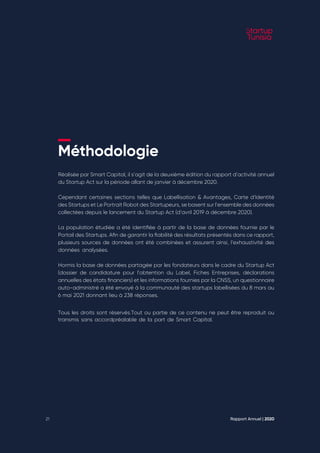 Méthodologie
Réalisée par Smart Capital, il s’agit de la deuxième édition du rapport d’activité annuel
du Startup Act sur la période allant de janvier à décembre 2020.
Cependant certaines sections telles que Labellisation & Avantages, Carte d’Identité
des Startups et Le Portrait Robot des Startupeurs, se basent sur l’ensemble des données
collectées depuis le lancement du Startup Act (d’avril 2019 à décembre 2020).
La population étudiée a été identifiée à partir de la base de données fournie par le
Portail des Startups. Afin de garantir la fiabilité des résultats présentés dans ce rapport,
plusieurs sources de données ont été combinées et assurent ainsi, l’exhaustivité des
données analysées.
Hormis la base de données partagée par les fondateurs dans le cadre du Startup Act
(dossier de candidature pour l’obtention du Label, Fiches Entreprises, déclarations
annuelles des états financiers) et les informations fournies par la CNSS, un questionnaire
auto-administré a été envoyé à la communauté des startups labellisées du 8 mars au
6 mai 2021 donnant lieu à 238 réponses.
Tous les droits sont réservés.Tout ou partie de ce contenu ne peut être reproduit ou
transmis sans accordpréalable de la part de Smart Capital.
Rapport Annuel | 2020
21
 