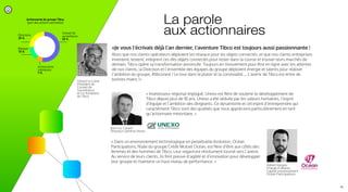 La parole
aux actionnaires
Adrien Vasseur
Chargé d’aﬀaires,
Capital investissement
Océan Participations
Gérard Le Calvé
Président du
Conseil de
Surveillance
et Co-fondateur
de Tibco
« Dans un environnement technologique en perpétuelle évolution, Océan
Participations, ﬁliale du groupe Crédit Mutuel Océan, est ﬁère d’être aux côtés des
femmes et des hommes de Tibco. Leur regard est résolument tourné vers l’avenir.
Au service de leurs clients, ils font preuve d’agilité et d’innovation pour développer
leur groupe et maintenir un haut niveau de performance. »
« Investisseur régional impliqué, Unexo est ﬁère de soutenir le développement de
Tibco depuis plus de 10 ans. Unexo a été séduite par les valeurs humaines, l’esprit
d’équipe et l’ambition des dirigeants. Ce dynamisme et cet esprit d’entreprendre qui
caractérisent Tibco sont des qualités que nous apprécions particulièrement en tant
qu’actionnaire minoritaire. »
Jean-Luc Creach
Directeur Général Unexo
«Je vous l’écrivais déjà l’an dernier, l’aventure Tibco est toujours aussi passionnante !
Alors que nos clients opérateurs déploient les réseaux pour les objets connectés, et que nos clients entreprises
inventent, testent, intègrent ces dits objets connectés pour rester dans la course et trouver leurs marchés de
demain, Tibco opère sa transformation annoncée. Toujours en mouvement pour être en ligne avec les attentes
de nos clients, la Direction et l’ensemble des équipes du groupe déploient énergie et talents pour réaliser
l’ambition du groupe, #tibconext ! Le tout dans le plaisir et la convivialité… L’avenir de Tibco est entre de
bonnes mains !»
Actionnariat du groupe Tibco
(part des actions controlées)
Actionnaires
individuels
7 %
Conseil de
surveillance
53 %
Directoire
25 %
Banque
15 %
19/
 