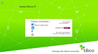 www.tibco.fr
Restez connectés !
@tibco1 #tibconext
86 points de présence
Trouvez votre agence Tibco
Poursuivons
la conversation…
/ min
 