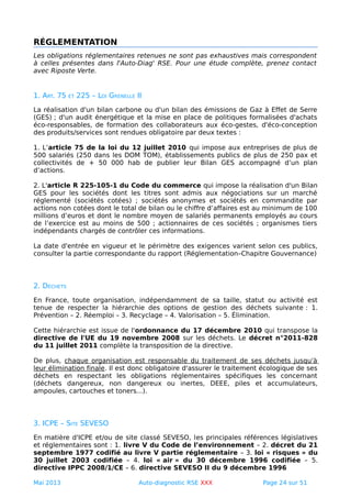 RÉGLEMENTATION
Les obligations réglementaires retenues ne sont pas exhaustives mais correspondent
à celles présentes dans l'Auto-Diag' RSE. Pour une étude complète, prenez contact
avec Riposte Verte.
1. ART. 75 ET 225 – LOI GRENELLE II
La réalisation d'un bilan carbone ou d'un bilan des émissions de Gaz à Effet de Serre
(GES) ; d'un audit énergétique et la mise en place de politiques formalisées d'achats
éco-responsables, de formation des collaborateurs aux éco-gestes, d'éco-conception
des produits/services sont rendues obligatoire par deux textes :
1. L’article 75 de la loi du 12 juillet 2010 qui impose aux entreprises de plus de
500 salariés (250 dans les DOM TOM), établissements publics de plus de 250 pax et
collectivités de + 50 000 hab de publier leur Bilan GES accompagné d’un plan
d’actions.
2. L'article R 225-105-1 du Code du commerce qui impose la réalisation d'un Bilan
GES pour les sociétés dont les titres sont admis aux négociations sur un marché
réglementé (sociétés cotées) ; sociétés anonymes et sociétés en commandite par
actions non cotées dont le total de bilan ou le chiffre d’affaires est au minimum de 100
millions d’euros et dont le nombre moyen de salariés permanents employés au cours
de l’exercice est au moins de 500 ; actionnaires de ces sociétés ; organismes tiers
indépendants chargés de contrôler ces informations.
La date d'entrée en vigueur et le périmètre des exigences varient selon ces publics,
consulter la partie correspondante du rapport (Réglementation–Chapitre Gouvernance)
2. DÉCHETS
En France, toute organisation, indépendamment de sa taille, statut ou activité est
tenue de respecter la hiérarchie des options de gestion des déchets suivante : 1.
Prévention – 2. Réemploi – 3. Recyclage – 4. Valorisation – 5. Élimination.
Cette hiérarchie est issue de l'ordonnance du 17 décembre 2010 qui transpose la
directive de l'UE du 19 novembre 2008 sur les déchets. Le décret n°2011-828
du 11 juillet 2011 complète la transposition de la directive.
De plus, chaque organisation est responsable du traitement de ses déchets jusqu'à
leur élimination finale. Il est donc obligatoire d'assurer le traitement écologique de ses
déchets en respectant les obligations réglementaires spécifiques les concernant
(déchets dangereux, non dangereux ou inertes, DEEE, piles et accumulateurs,
ampoules, cartouches et toners...).
3. ICPE – SITE SEVESO
En matière d'ICPE et/ou de site classé SEVESO, les principales références législatives
et réglementaires sont : 1. livre V du Code de l’environnement – 2. décret du 21
septembre 1977 codifié au livre V partie réglementaire – 3. loi « risques » du
30 juillet 2003 codifiée – 4. loi « air » du 30 décembre 1996 codifiée – 5.
directive IPPC 2008/1/CE – 6. directive SEVESO II du 9 décembre 1996
Mai 2013 Auto-diagnostic RSE XXX Page 24 sur 51
 