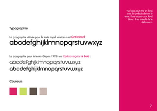 «Le logo peut être en long
avec le symbole devant le
texte. Il est toujours sur fond
blanc. Il est interdit de le
déformer.»

Typographie
La typographie utilisée pour le texte «apef services» est Criticized :

abcdefghijklmnopqrstuvwxyz
La typographie pour le texte «Depuis 1992» est Opificio regular & Bold :

abcdefghijklmnopqrstuvwxyz
abcdefghijklmnopqrstuvwxyz
Couleurs

7

 
