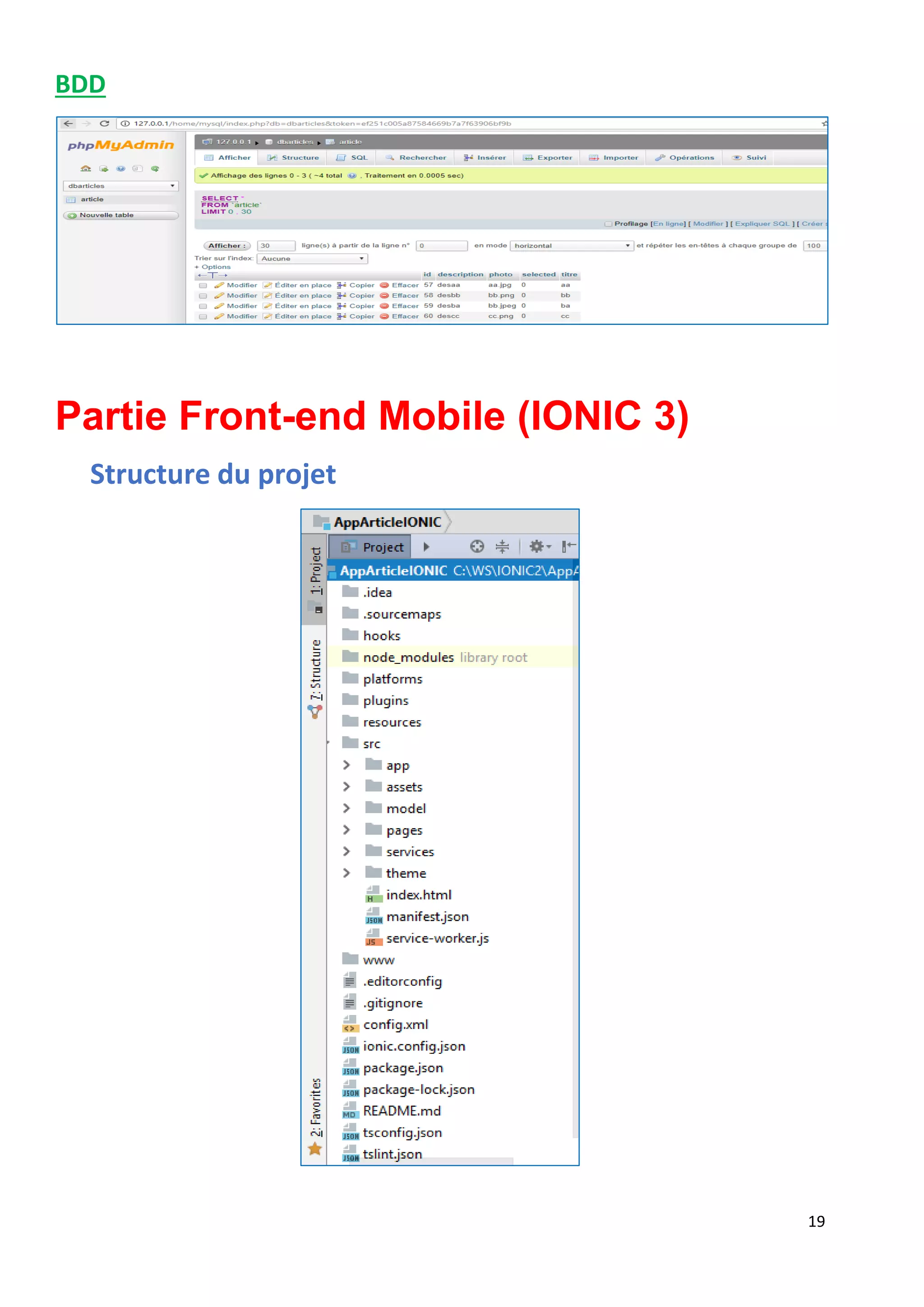 19
BDD
Partie Front-end Mobile (IONIC 3)
Structure du projet
 