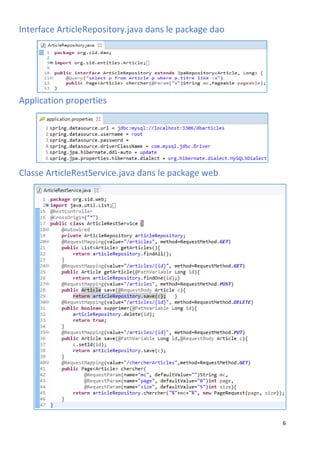 6
Interface ArticleRepository.java dans le package dao
Application properties
Classe ArticleRestService.java dans le package web
 