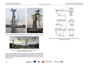 RAPPORT DE SYNTHÈSE DE LA VARIANTE DU  ÉTUDE DE FAISABILITÉ POUR LA LIAISON PERMANENTE 
VIADUC RECOMMANDÉ À TRAVERS DU FUSEAU 4  ÉTUDE D’AVANT PROJET SOMMAIRE  ENTRE L’AUTOROUTE A4 ET LA VILLE DE BIZERTE, TUNISIE 
Page 10 
Figure 4.17 Levage et exécution de treillis dans la zone de piles, Viaduc sur le fleuve Ulla, Espagne
Figure 4.18 Construction par encorbellements successifs de treillis
du viaduc sur le fleuve Ulla, Espagne
Comme cela a été indiqué ci-dessus, la construction par la technique des encorbellements
successifs peut être combinée avec le remplacement des cordons supérieurs d’acier par une dalle
supérieure de béton précontraint, en gardant uniquement les diagonales en acier. Un exemple des
phases d’exécution de ce système, utilisé pour le Pont du Bras de la Plaine, en France, peut être
observé ci-dessous :
Figure 4.19 Certaine phases d’exécution du Pont du Bras de la Plaine, en France -
Encorbellements successifs
 