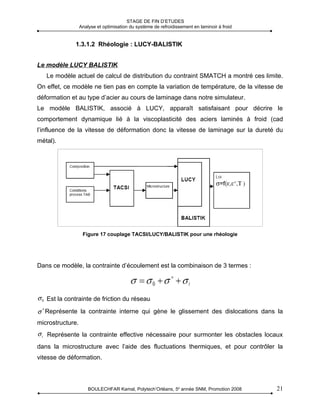 STAGE DE FIN D’ETUDES
                  Analyse et optimisation du système de refroidissement en laminoir à froid


              1.3.1.2 Rhéologie : LUCY-BALISTIK


Le modèle LUCY BALISTIK
   Le modèle actuel de calcul de distribution du contraint SMATCH a montré ces limite.
On effet, ce modèle ne tien pas en compte la variation de température, de la vitesse de
déformation et au type d’acier au cours de laminage dans notre simulateur.
Le modèle BALISTIK, associé à LUCY, apparaît satisfaisant pour décrire le
comportement dynamique lié à la viscoplasticité des aciers laminés à froid (cad
l’influence de la vitesse de déformation donc la vitesse de laminage sur la dureté du
métal).




                   Figure 17 couplage TACSI/LUCY/BALISTIK pour une rhéologie




Dans ce modèle, la contrainte d’écoulement est la combinaison de 3 termes :




σ 0 Est la contrainte de friction du réseau

σ * Représente la contrainte interne qui gène le glissement des dislocations dans la
microstructure.
σ i Représente la contrainte effective nécessaire pour surmonter les obstacles locaux
dans la microstructure avec l’aide des fluctuations thermiques, et pour contrôler la
vitesse de déformation.



                      BOULECHFAR Kamal, Polytech’Orléans, 5e année SNM, Promotion 2008        21
 