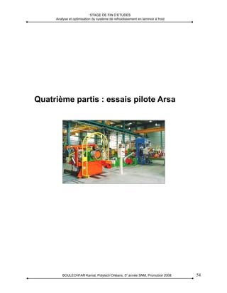 STAGE DE FIN D’ETUDES
     Analyse et optimisation du système de refroidissement en laminoir à froid




Quatrième partis : essais pilote Arsa




         BOULECHFAR Kamal, Polytech’Orléans, 5e année SNM, Promotion 2008        54
 