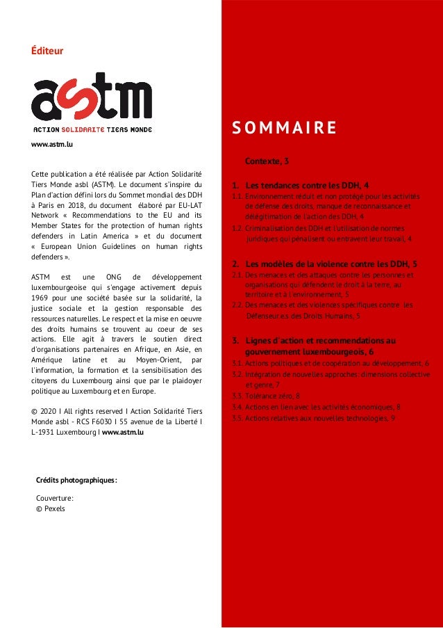 1. Les tendances contre les DDH, 4
1.1. Environnement réduit et non protégé pour les activités
www.astm.lu
Éditeur
Cette p...