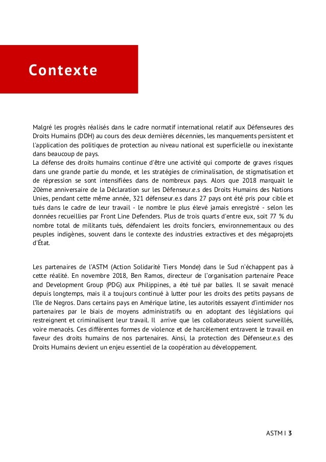 Contexte
Malgré les progrès réalisés dans le cadre normatif international relatif aux Défenseures des
Droits Humains (DDH)...