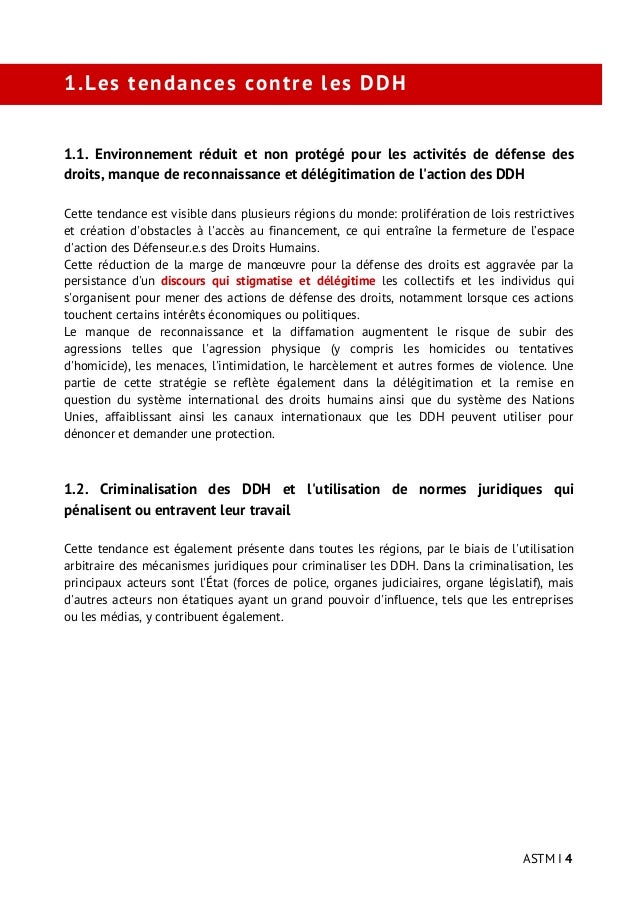 1.1. Environnement réduit et non protégé  pour les activités de défense des
droits, manque de reconnaissance et délégitima...