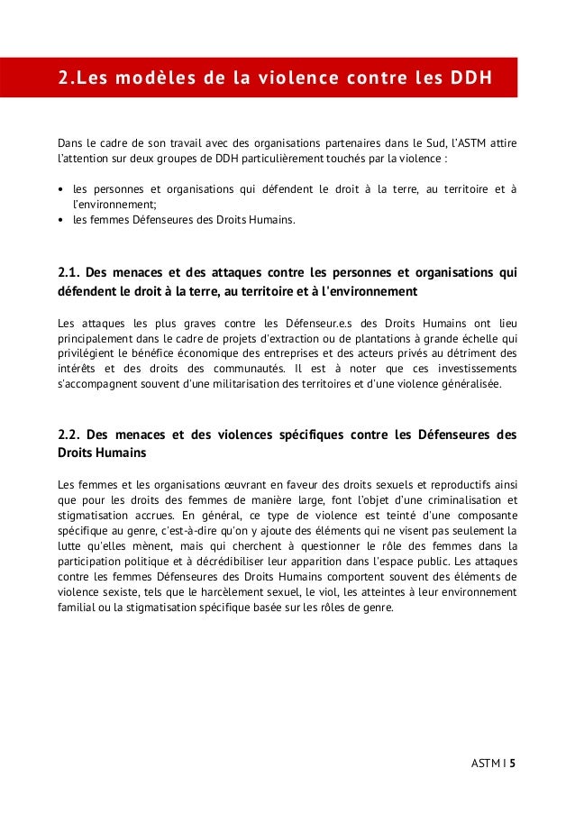 2.Les modèles de la violence contre les DDH
ASTM I 5
les personnes et organisations qui défendent le droit à la terre, au ...