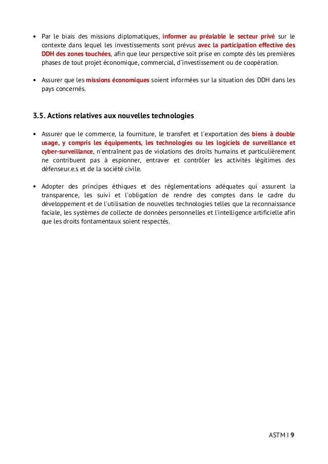 ASTM I 9
Par le biais des missions diplomatiques, informer au préalable le secteur privé sur le
contexte dans lequel les i...