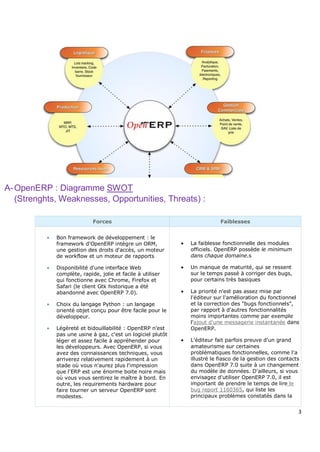 3
A-OpenERP : Diagramme SWOT
(Strenghts, Weaknesses, Opportunities, Threats) :
Forces Faiblesses
 Bon framework de développement : le
framework d'OpenERP intègre un ORM,
une gestion des droits d'accès, un moteur
de workflow et un moteur de rapports
 Disponibilité d'une interface Web
complète, rapide, jolie et facile à utiliser
qui fonctionne avec Chrome, Firefox et
Safari (le client Gtk historique a été
abandonné avec OpenERP 7.0).
 Choix du langage Python : un langage
orienté objet conçu pour être facile pour le
développeur.
 Légèreté et bidouillabilité : OpenERP n'est
pas une usine à gaz, c'est un logiciel plutôt
léger et assez facile à appréhender pour
les développeurs. Avec OpenERP, si vous
avez des connaissances techniques, vous
arriverez relativement rapidement à un
stade où vous n'aurez plus l'impression
que l'ERP est une énorme boite noire mais
où vous vous sentirez le maître à bord. En
outre, les requirements hardware pour
faire tourner un serveur OpenERP sont
modestes.
 La faiblesse fonctionnelle des modules
officiels. OpenERP possède le minimum
dans chaque domaine.s
 Un manque de maturité, qui se ressent
sur le temps passé à corriger des bugs,
pour certains très basiques
 La priorité n'est pas assez mise par
l'éditeur sur l'amélioration du fonctionnel
et la correction des "bugs fonctionnels",
par rapport à d'autres fonctionnalités
moins importantes comme par exemple
l'ajout d'une messagerie instantanée dans
OpenERP.
 L'éditeur fait parfois preuve d'un grand
amateurisme sur certaines
problématiques fonctionnelles, comme l'a
illustré le fiasco de la gestion des contacts
dans OpenERP 7.0 suite à un changement
du modèle de données. D'ailleurs, si vous
envisagez d'utiliser OpenERP 7.0, il est
important de prendre le temps de lire le
bug report 1160365, qui liste les
principaux problèmes constatés dans la
 
