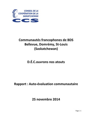  
Page	
  |	
  1	
  	
  
	
  
	
  
	
  
	
  
	
  
	
  
	
  
	
  
Communautés	
  francophones	
  de	
  BDS	
  
Bellevue,	
  Domrémy,	
  St-­‐Louis	
  
(Saskatchewan)	
  
	
  
	
  
D.É.C.ouvrons	
  nos	
  atouts	
  
	
  
	
  
	
  
	
  
Rapport	
  :	
  Auto-­‐évaluation	
  communautaire	
  
	
  
	
  
25	
  novembre	
  2014	
  
	
  
 