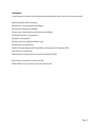 Page	
  |	
  4	
  	
  
	
  
Participants	
  
Les	
  participants	
  à	
  la	
  séance	
  d’auto-­‐évaluation	
  provenaient	
  de	
  divers	
  secteurs	
  de	
  la	
  communauté	
  :	
  
	
  
Roland	
  Svendsen,	
  RM	
  de	
  Canwood	
  
Bill	
  Sanderson,	
  Caisse	
  Populaire	
  de	
  Debden	
  
Aline	
  Hannon,	
  Mairesse	
  de	
  Debden	
  
Carmen	
  Jean,	
  Coordonnatrice	
  administrative	
  de	
  Debden	
  
Christopher	
  Beaulieu,	
  Entrepreneur	
  
Guy	
  Belair,	
  Entrepreneur	
  
Rachelle	
  Little,	
  Parc	
  régional	
  de	
  Morin	
  Lake	
  
Rhonda	
  Peers,	
  Entrepreneuse	
  
Pauline	
  Tétreault,	
  Députée	
  de	
  l’Assemblée	
  communautaire	
  fransaskoise	
  (ACF)	
  
Dean	
  Demers,	
  Entrepreneur	
  
Amelie	
  Patrick,	
  Comité	
  culturel	
  fransaskois	
  de	
  Debden	
  (CCFD)	
  
	
  
Denis	
  Simard,	
  consultant,	
  animateur	
  de	
  CSC	
  
Cécile	
  LeBlanc-­‐Turner,	
  gestion	
  et	
  prise	
  de	
  notes	
  du	
  CCS	
  
	
  
	
  
	
  
	
  
	
  
	
  
	
  
	
  
	
  
	
  
	
  
	
  
	
  
	
  
	
  
 