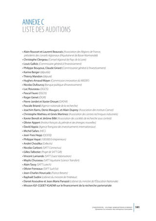ANNEXE C
liStE dES AuditioNS

• Alain Rousset et Laurent Beauvais (Association des Régions de France,
  présidents des conseils régionaux d’Aquitaine et de Basse-Normandie)
• Christophe Clergeau (Conseil régional de Pays de la Loire)
• Louis Gallois (Commissaire général à l’investissement)
• Philippe Bouyoux, Claude Girard (Commissariat général à l’investissement)
• Karine Berger (députée)
• Thierry Mandon (député)
• Hughes-Arnaud Mayer (Commission innovation du MEDEF)
• Nicolas Dufourcq (Banque publique d’investissement)
• Luc Rousseau (DGCIS)
• Pascal Faure (DGCIS)
• Roger Genet (DGRI)
• Pierre Jandet et Xavier Drouet (DATAR)
• Pascale Briand (Agence nationale de la recherche)
• Joachim Rams, Denis Maugars, et Alain Duprey (Association des instituts Carnot)
• Christophe Mathieu et Ginés Martinez (Association des centres techniques industriels)
• Xavier Benoît et Jérôme Billé (Association des sociétés de recherche sous contrat)
• Olivier Appert (Institut français du pétrole et des énergies nouvelles)
• David Appia (Agence française des investissements internationaux)
• Michel Safars (HEC)
• Jean-Yves Hepp (QOOQ)
• Philippe Hayat (100 000 Entrepreneurs)
• André Choulika (Cellectis)
• Nicolas Carboni (SATT Connectus)
• Gilles Talbotier (Projet de SATT Gift)
• Vincent Lamande (SATT Ouest Valorisation)
• Maylis Chusseau (SATT Aquitaine Science Transfert)
• Alain Tassy (SATT Lutech)
• Olivier Freneaux (SATT Sud-Est)
• Jean-Charles Hourcade (France Brevets)
• Raphaël Sodini (cabinet du ministre de l’intérieur)
• Daniel Assouline et Jean-Marie Panazol (cabinet du ministre de l’Éducation Nationale)
• Mission IGF-CGEIET-IGAENR sur le financement de la recherche partenariale




                                                               L’INNOVATION : UN ENJEU MAJEUR POUR LA FRANCE            141
                                                                   Dynamiser la croissance des entreprises innovantes
 