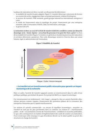La phase de maturation est donc cruciale car elle permet de déterminer :
     – la modalité de transfert la plus adaptée (Figure 1) : transfert direct par concession de licence
        ou cession des actifs, engagement dans un projet partenarial, création d’entreprise,
     – le vecteur du transfert : PME existante, grand groupe national ou international, entreprise à
        créer,
     – le mode de financement selon la typologie du projet : financement par une entreprise
        existante, aide à l’innovation (OSEO), aide à la maturation, amorçage,
     – la gestion de la PI.

     La maturation est donc au cœur de l’activité de transfert et doit être considérée comme une démarche
     dynamique où la « bonne réponse » est au bout du processus et ne peut être fixée a priori : le choix
     de la modalité de transfert (Figure 1) est donc en général un résultat du processus de maturation
     et est donc déterminé a posteriori. Nier cette dynamique revient à s’inscrire dans une vision
     linéaire, figée et administrative de l’innovation.

                                                 Figure 9 Modalités de transfert



                                                                                           Start-ups

                                                                           RU : création par
                                                                            joint-venture
                  Retour potentiel




                                                                    Licences

                                                     France :
                                                    recherche
                                                 collaborative PP
                                       Consultance,
                                         contrats




                                                   Risque / Coûts / Horizon temporel


         > Le transfert est un investissement public nécessaire pour garantir un impact
         économique de la recherche

     Dans ce cadre, l’activité de transfert apparaît comme un investissement dans le cadre d’une
     politique publique, permettant de passer d’un projet de R&D à un impact économique.

     Cet investissement est évidemment « très risqué », puisqu’il a lieu en amont d’activités elles-
     mêmes perçues comme risquées (financement des premières phases de la croissance des
     entreprises innovantes par le capital-investissement).

     Les notions d’« activité commerciale » ou encore d’« équilibre économique » associées au
     transfert ne sont pas les plus pertinentes dans ce contexte. Les notions d’ « investissement
     public » et de « reconstitution à terme de l’investissement » semblent en revanche préférables,
     ce qui a des conséquences en matière d’implémentation des outils de soutien à la maturation.
     Il est à noter que cette remarque n’a pas d’incidence directe sur le statut (public ou privé) des
     structures en charge du transfert.




74    L’INNOVATION : UN ENJEU MAJEUR POUR LA FRANCE
      Dynamiser la croissance des entreprises innovantes
 