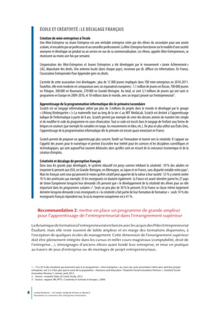 écoLe et créativité : Le décaLage français
            Création de mini-entreprises à l’école
            Une Mini-Entreprise ou Jeune Entreprise est une véritable entreprise créée par des élèves du secondaire pour une année
            scolaire, et encadrée par un professeur et un conseiller professionnel. La Mini-Entreprise fonctionne sur le modèle d’une société
            anonyme et développe un produit ou un service en vue de sa commercialisation. Les élèves, appelés Mini-Entrepreneurs, se
            réunissent au moins une fois par semaine.

            L’organisation des Mini-Entreprises et Jeunes Entreprises a été développée par le mouvement « Junior Achievement »
            (JA), dépositaire des droits. Une antenne locale (dans chaque pays), reconnue par JA, diffuse ces informations. En France,
            l’association Entreprendre Pour Apprendre gère ces droits.

            L’activité de cette association s’est développée : plus de 12 000 jeunes impliqués dans 700 mini-entreprises en 2010-2011.
            Toutefois, elle reste modeste en comparaison avec ses équivalents européens : 1,1 million de jeunes en Russie, 700 000 jeunes
            en Pologne, 300 000 en Roumanie, 270 000 en Grande-Bretagne. Au total, ce sont 3,1 millions de jeunes qui ont suivi ce
            programme en Europe en 2009-2010, et 10 millions dans le monde, avec un impact prouvé sur l’entrepreneuriat1.

            Apprentissage de la programmation informatique dès le primaire/secondaire
            Scratch est un langage informatique utilisé par plus de 3 millions de projets dans le monde et développé par le groupe
            « Lifelong Kindergarten » (« La maternelle tout au long de la vie ») au MIT MediaLab. Scratch est destiné à l’apprentissage
            ludique de l’informatique à partir de 8 ans. Scratch permet par exemple de créer des dessins animés de manière très simple
            et de modifier le code du programme en cours d’exécution. Tout ce code est inscrit dans le langage de l’enfant sous forme de
            briques en couleurs (par exemple les variables en rouge, les mouvements en bleu, etc.). De plus en plus utilisé aux États-Unis,
            l’apprentissage de la programmation informatique dès le primaire est encore quasi-inexistant en France.

            Scratch permet de proposer un apprentissage plus concret, fondé sur l’innovation et tourné vers la créativité. Il s’appuie sur
            l’appétit des jeunes pour le numérique et permet d’accroître leur intérêt pour les sciences et les disciplines scientifiques et
            technologiques, qui sont aujourd’hui souvent délaissées alors qu’elles sont un ressort de la croissance économique et de la
            création d’emplois.

            Créativité et décalage de perception français
            Dans tous les grands pays développés, le système éducatif est perçu comme inhibant la créativité : 59 % des adultes en
            moyenne le pensent aux USA, en Grande-Bretagne, en Allemagne, au Japon et en France, sans disparité notable entre pays2.
            Mais les français sont ceux qui pensent le moins qu’être créatif peut apporter de la valeur à leur société : 53 % y croient contre
            76 % des américains par exemple. Et les enseignants en doutent également : la France est avant-dernière parmi les 27 pays
            de Union Européenne lorsqu’on leur demande s’ils pensent que « le développement de la créativité des élèves joue un rôle
            important dans les programmes scolaires »3. Seuls un peu plus de 30 % le pensent. Et la France se classe même largement
            dernière lorsqu’on demande à nos enseignants si « la créativité a fait partie de leur formation de formateur » : seuls 14 % des
            enseignants français répondent oui, là où la moyenne européenne est à 41 %.


          Recommandation 2 : mettre en place un programme de grande ampleur
          pour l’apprentissage de l’entrepreneuriat dans l’enseignement supérieur

    La dynamique de formation à l’entrepreneuriat est lancée avec les acquis des Pôles Entrepreneuriat
    Étudiant, mais elle reste souvent de faible ampleur et en marge des formations dispensées, à
    l’exception de quelques écoles de management. Cette dimension de l’enseignement supérieur
    doit être pleinement intégrée dans les cursus et mêler cours magistraux (comptabilité, droit de
    l’entreprise…), témoignages d’anciens élèves ayant fondé leur entreprise, et mise en pratique
    au travers de jeux d’entreprise ou de montages de projet entrepreneuriaux.



    1 – 15 à 20 % des étudiants qui prennent part à un programme « mini-entreprise » au cours du cycle secondaire créent plus tard leur propre
    entreprise, soit 3 à 5 fois plus que le reste de la population. « Business and Education : Powerful Social Innovation Partners », Stanford Social
    Innovation Review, C. Jenner, août 2012.
    2 – Source : enquête State of Create Study, 2012
    3 – Source : rapport JRC/IPTS « Creativity in Schools in Europe », 2009.




8     L’INNOVATION : UN ENJEU MAJEUR POUR LA FRANCE
      Dynamiser la croissance des entreprises innovantes
 