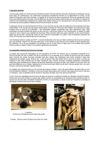 L’industrie chinoise

Tous les pays visités ont mentionné que l’industrie chinoise croît énormément et écrase maintenant la production de tout
autre pays. En conséquence, de nombreuses entreprises européennes ferment ou se délocalisent en Chine, où les
coûts de production sont bien moindres. La qualité de la fourrure de lapin provenant de Chine est sensée être moins
bonne que celle produite en Europe, mais la différence de coût est le facteur prédominant pour permettre à l’industrie de
continuer. De nombreuses entreprises qui veulent juste utiliser la fourrure sur des garnitures n’ont pas besoin d’avoir de
la fourrure de bonne qualité et utiliseront de la fourrure de lapin de Chine.

Il existe peu de lois sur l’environnement en Chine, ce qui veut dire que les coûts de traitement et de production sont bien
moins élevés. Il est courant que des peaux brutes soient envoyées en Chine pour être traitées, puis retournent au pays
d’origine pour la suite de la production ; des entreprises existent uniquement pour faire exactement cela ! Des
entreprises chinoises achètent les peaux au plus bas prix, c’est-à-dire brutes et non transformées, et utilisent le faible
coût de la main d’œuvre pour apprêter les fourrures. Elles prennent même les peaux abîmées et les raccommodent,
plutôt que de les jeter, puisque les coûts de main d’œuvre le permettent. En partie, c’est la demande, provenant de
Chine, de fourrures, qui a fait monter les prix des peaux.

Une entreprise italienne visitée par CAFT a mentionné Benetton et le fait qu’il utilise maintenant de la fourrure chinoise
pour ses produits, comme il ne veut pas payer cher. Il veut vendre au plus bas prix, donc paiera le moins possible pour
les matériaux. On a dit aux enquêteurs que Benetton est un si gros client en Italie que le fait d’utiliser des produits
chinois conduit au départ d’Italie d’une quantité significative de business.


La popularité croissante de la fourrure de lapin

La plupart des personnes interrogées par les enquêteurs de CAFT ont reconnu que la popularité croissante de la
fourrure de lapin est due au faible coût de la production et à la capacité qui en résulte de pouvoir faire plus d’essais
avec. Comme les autres fourrures animales sont plus chères, les entreprises sont moins enclines à faire des
expériences de rasage, coupe, teinture, etc. Le fait de pouvoir faire des essais avec la fourrure de lapin a conduit les
créateurs à être plus confiants pour le faire maintenant avec d’autres fourrures. Quelques apprêteurs manipulaient
même les peaux de Blancs pour essayer de les faire ressembler aux peaux de Rex, pour obtenir un prix plus haut. On
peut faire tellement pour changer l’apparence de la fourrure de lapin Blanc qu’elle peut vraiment passer pour une autre
fourrure, comme par exemple, l’agneau Karakul.

Un magasin qui vend de la fourrure n’en connaît pas toujours l’origine : vient-il de lapins Blancs, de lapins Rex ou d’un
animal totalement différent ? Autrefois, la fourrure de lapin était toujours bon marché, mais aujourd’hui, le prix n’est plus
un indicateur : plus un apprêteur fait de travail sur des peaux de lapin, plus cher sera le produit final.

C’est à cause de l’apprêtage que la fourrure de lapin est devenue un élément rentable de l’élevage industriel de lapins.
Tandis que la fourrure de lapin a toujours été vendue comme un produit-dérivé du commerce de la viande de lapin, la
fourrure ne peut plus être considérée simplement comme un sous-produit, à cause du fait que l’industrie du tannage et
de l’apprêt a rendu la fourrure de lapin rentable.




                        Ci-dessus :
     La fourrure d’Orylag sert aussi à faire des jouets


 À droite : Il faut au moins 25 lapins pour faire une veste
 