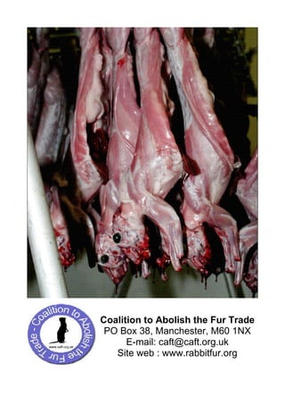 Coalition to Abolish the Fur Trade
 PO Box 38, Manchester, M60 1NX
      E-mail: caft@caft.org.uk
   Site web : www.rabbitfur.org
 