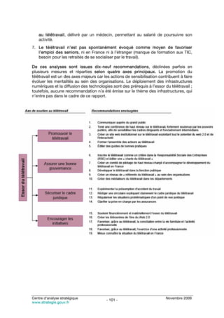 au télétravail, délivré par un médecin, permettant au salarié de poursuivre son
    activité.
7. Le télétravail n’est pas spontanément évoqué comme moyen de favoriser
   l’emploi des seniors, ni en France ni à l’étranger (manque de formation aux TIC,
   besoin pour les retraités de se socialiser par le travail).

De ces analyses sont issues dix-neuf recommandations, déclinées parfois en
plusieurs mesures et réparties selon quatre axes principaux. La promotion du
télétravail est un des axes majeurs car les actions de sensibilisation contribuent à faire
évoluer les mentalités au sein des organisations. Le déploiement des infrastructures
numériques et la diffusion des technologies sont des prérequis à l’essor du télétravail ;
toutefois, aucune recommandation n’a été émise sur le thème des infrastructures, qui
n’entre pas dans le cadre de ce rapport.




Centre d’analyse stratégique                                               Novembre 2009
                                         - 101 -
www.strategie.gouv.fr
 