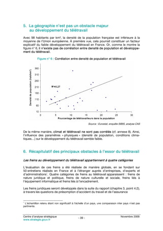 5. La géographie n’est pas un obstacle majeur
   au développement du télétravail
Avec 98 habitants par km², la densité de la population française est inférieure à la
moyenne de l’Union européenne. À première vue, cela pourrait constituer un facteur
explicatif du faible développement du télétravail en France. Or, comme le montre la
figure n° 6, il n’existe pas de corrélation entre densité de population et développe-
ment du télétravail.

            Figure n° 6 : Corrélation entre densité de population et télétravail




                                                         Source : Eurostat, enquête SIBIS, analyse CAS


De la même manière, climat et télétravail ne sont pas corrélés (cf. annexe 8). Ainsi,
l’influence des paramètres « physiques » (densité de population, conditions clima-
tiques…) sur le développement du télétravail semble faible.



6. Récapitulatif des principaux obstacles à l’essor du télétravail

Les freins au développement du télétravail appartiennent à quatre catégories

L’évaluation de ces freins a été réalisée de manière globale, en se fondant sur
50 entretiens réalisés en France et à l’étranger auprès d’entreprises, d’experts et
                 1
d’administrations . Quatre catégories de freins au télétravail apparaissent : freins de
nature juridique et politique, freins de nature culturelle et sociale, freins liés à
l’équipement informatique et freins liés à l’encadrement.

Les freins juridiques seront développés dans la suite du rapport (chapitre 3, point 4.2),
à travers les questions de présomption d’accident du travail et de l’assurance


1
 L’échantillon retenu étant non significatif à l’échelle d’un pays, une comparaison inter pays n’est pas
pertinente.



Centre d’analyse stratégique                                                          Novembre 2009
                                                - 39 -
www.strategie.gouv.fr
 