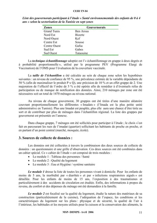 CEHI TN 04 
Liste des gouvernorats participant à l’étude « Santé environnementale des enfants de 0 à 4 
ans » selon la sectorisation de la Tunisie en sept zones 
Zones Gouvernorats 
Grand Tunis Ben Arous 
Nord Est Bizerte 
Nord Ouest Kef 
Centre Est Sousse 
Centre Ouest Gafsa 
Sud Est Gabes 
Sud Ouest Tataouine 
La technique échantillonnage adoptée est l’« échantillonnage en grappe à deux degrés et 
à probabilité proportionnelle », utilisé par le programme PEV (Programme Elargi de 
Vaccination) de l’OMS pour l’évaluation de la couverture vaccinale. 
La taille de l’échantillon a été calculée au sein de chaque zone selon les hypothèses 
suivantes : un niveau de confiance de 95 %, une prévalence estimée de la variable dépendante de 
50 % (afin de maximaliser le produit P x Q), une précision de 10 % et un effet grappe de 2. Une 
majoration de l’effectif de l’ordre de 5 % a été opérée afin de remédier à d’éventuels refus de 
participation ou de manque de notification des données. Ainsi, 210 ménages par zone ont été 
nécessaires soit un total de 1470 ménages au niveau national. 
Au niveau de chaque gouvernorat, 30 grappes ont été tirées d’une manière aléatoire 
couvrant proportionnellement les différentes « Imadats » (l’Imada est la plus petite unité 
administrative en Tunisie). Plus une Imadat est peuplée, plus elle aura une chance d’être tirée au 
sort et de contribuer par plus de ménages dans l’échantillon régional. La liste des grappes par 
gouvernorat est présentée en l’annexe. 
Dans chaque grappe, 7 ménages ont été sollicités pour participer à l’étude ; le choix s’est 
fait en parcourant les rues de l’imadat (quartier) sollicitant les habitants de proche en proche, et 
en partant d’un point central (marché, mosquée, école). 
3. Sources de collecte de données : 
Les données ont été collectées à travers la combinaison des deux sources de collecte de 
données : un questionnaire et une grille d’observation. Ces deux sources ont été combinées dans 
un cahier spécial. Ce « cahier de l’étude » est composé de trois modules : 
• Le module 1 : Tableau des personnes / Santé 
• Le module 2 : Qualité du logement 
• Le module 3 : Eau et Hygiène / système sanitaire 
Le module 1 dresse la liste de toutes les personnes vivant à domicile. Pour les enfants de 
moins de 5 ans, la morbidité par « diarrhée » et par « infections respiratoires aiguës » est 
détaillée. Pour les enfants de moins de 15 ans, l’exposition à des traumatismes et 
particulièrement à des accidents de circulation est étudiée. Enfin, des informations à propos du 
revenu, du confort et des dépenses du ménage ont été demandées à la famille. 
Le module 2 est focalisé sur la qualité du logement, étudie la nature des matériaux de sa 
construction (particulièrement de la cuisine), l’adéquation de l’espace, les conditions et les 
caractéristiques du logement sur les plans : physique et de sécurité, la qualité de l’air à 
l’intérieur, les habitudes et les moyens utilisés pour la cuisson et la conservation des aliments, la 
MSP- DHMPE- Avril 2006 11 
 