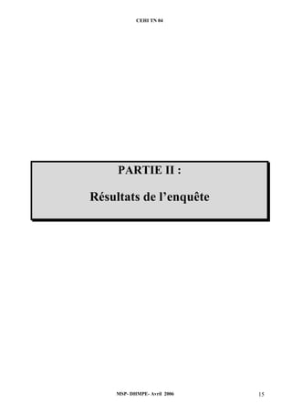 CEHI TN 04 
PARTIE II : 
Résultats de l’enquête 
MSP- DHMPE- Avril 2006 15 
 