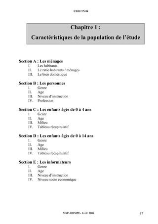 CEHI TN 04 
Chapitre 1 : 
Caractéristiques de la population de l’étude 
MSP- DHMPE- Avril 2006 17 
Section A : Les ménages 
I. Les habitants 
II. Le ratio habitants / ménages 
III. Le bien domestique 
Section B : Les personnes 
I. Genre 
II. Age 
III. Niveau d’instruction 
IV. Profession 
Section C : Les enfants âgés de 0 à 4 ans 
I. Genre 
II. Age 
III. Milieu 
IV. Tableau récapitulatif 
Section D : Les enfants âgés de 0 à 14 ans 
I. Genre 
II. Age 
III. Milieu 
IV. Tableau récapitulatif 
Section E : Les informateurs 
I. Genre 
II. Age 
III. Niveau d’instruction 
IV. Niveau socio économique 
 