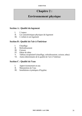 CEHI TN 04 
Chapitre 2 : 
Environnement physique 
Section A : Qualité du logement 
I. L’espace 
II. Les caractéristiques physiques du logement 
III. L’enfant et son logement 
Section B : Qualité de l’air à l’intérieur 
I. Chauffage 
II. Refroidissement 
III. Cuisson 
IV. Odeur de tabac 
V. Tableau récapitulatif (chauffage, refroidissement, cuisson, tabac) 
VI. Autres déterminants de la qualité de l’air à l’intérieur 
Section C : Qualité de l’eau 
I. Approvisionnement en eau 
II. Manutention de l’eau 
III. Installations et pratiques d’hygiène 
MSP- DHMPE- Avril 2006 38 
 