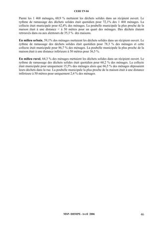 CEHI TN 04 
Parmi les 1 468 ménages, 60,9 % mettaient les déchets solides dans un récipient ouvert. Le 
rythme de ramassage des déchets solides était quotidien pour 72,1% des 1 468 ménages. La 
collecte était municipale pour 62,4% des ménages. La poubelle municipale la plus proche de la 
maison était à une distance < à 50 mètres pour un quart des ménages. Des déchets étaient 
retrouvés dans ou aux alentours de 35,3 % des maisons. 
En milieu urbain, 59,1% des ménages mettaient les déchets solides dans un récipient ouvert. Le 
rythme de ramassage des déchets solides était quotidien pour 78,3 % des ménages et cette 
collecte était municipale pour 86,7 % des ménages. La poubelle municipale la plus proche de la 
maison était à une distance inférieure à 50 mètres pour 36,5 %. 
En milieu rural, 64,3 % des ménages mettaient les déchets solides dans un récipient ouvert. Le 
rythme de ramassage des déchets solides était quotidien pour 60,2 % des ménages. La collecte 
était municipale pour uniquement 15,5% des ménages alors que 66,5 % des ménages déposaient 
leurs déchets dans la rue. La poubelle municipale la plus proche de la maison était à une distance 
inférieure à 50 mètres pour uniquement 2,4 % des ménages. 
MSP- DHMPE- Avril 2006 46 
 