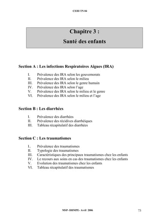 CEHI TN 04 
Chapitre 3 : 
Santé des enfants 
Section A : Les infections Respiratoires Aigues (IRA) 
I. Prévalence des IRA selon les gouvernorats 
II. Prévalence des IRA selon le milieu 
III. Prévalence des IRA selon le genre humain 
IV. Prévalence des IRA selon l’age 
V. Prévalence des IRA selon le milieu et le genre 
VI. Prévalence des IRA selon le milieu et l’age 
Section B : Les diarrhées 
I. Prévalence des diarrhées 
II. Prévalence des récidives diarrhéiques 
III. Tableau récapitulatif des diarrhées 
Section C : Les traumatismes 
I.. Prévalence des traumatismes 
II. Typologie des traumatismes 
III. Caractéristiques des principaux traumatismes chez les enfants 
IV. Le recours aux soins en cas des traumatismes chez les enfants 
V. Evolution des traumatismes chez les enfants 
VI. Tableau récapitulatif des traumatismes 
MSP- DHMPE- Avril 2006 73 
 