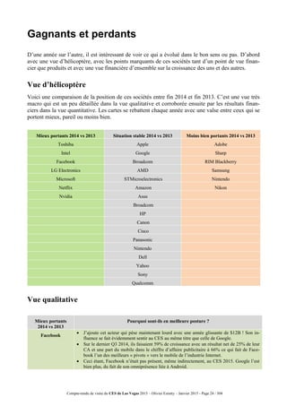 Compte-rendu de visite du CES de Las Vegas 2015 – Olivier Ezratty – Janvier 2015 - Page 24 / 304
Gagnants et perdants
D’une année sur l’autre, il est intéressant de voir ce qui a évolué dans le bon sens ou pas. D’abord
avec une vue d’hélicoptère, avec les points marquants de ces sociétés tant d’un point de vue finan-
cier que produits et avec une vue financière d’ensemble sur la croissance des uns et des autres.
Vue d’hélicoptère
Voici une comparaison de la position de ces sociétés entre fin 2014 et fin 2013. C’est une vue très
macro qui est un peu détaillée dans la vue qualitative et corroborée ensuite par les résultats finan-
ciers dans la vue quantitative. Les cartes se rebattent chaque année avec une valse entre ceux qui se
portent mieux, pareil ou moins bien.
Mieux portants 2014 vs 2013 Situation stable 2014 vs 2013 Moins bien portants 2014 vs 2013
Toshiba Apple Adobe
Intel Google Sharp
Facebook Broadcom RIM Blackberry
LG Electronics AMD Samsung
Microsoft STMicroelectronics Nintendo
Netflix Amazon Nikon
Nvidia Asus
Broadcom
HP
Canon
Cisco
Panasonic
Nintendo
Dell
Yahoo
Sony
Qualcomm
Vue qualitative
Mieux portants
2014 vs 2013
Pourquoi sont-ils en meilleure posture ?
Facebook
 J’ajoute cet acteur qui pèse maintenant lourd avec une année glissante de $12B ! Son in-
fluence se fait évidemment sentir au CES au même titre que celle de Google.
 Sur le dernier Q3 2014, ils faisaient 59% de croissance avec un résultat net de 25% de leur
CA et une part du mobile dans le chiffre d’affaire publicitaire à 66% ce qui fait de Face-
book l’un des meilleurs « pivots » vers le mobile de l’industrie Internet.
 Ceci étant, Facebook n’était pas présent, même indirectement, au CES 2015. Google l’est
bien plus, du fait de son omniprésence liée à Android.
 