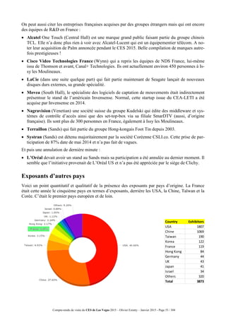 Compte-rendu de visite du CES de Las Vegas 2015 – Olivier Ezratty – Janvier 2015 - Page 53 / 304
On peut aussi citer les entreprises françaises acquises par des groupes étrangers mais qui ont encore
des équipes de R&D en France :
 Alcatel One Touch (Central Hall) est une marque grand public faisant partie du groupe chinois
TCL. Elle n’a donc plus rien à voir avec Alcatel-Lucent qui est un équipementier télécom. A no-
ter leur acquisition de Palm annoncée pendant le CES 2015. Belle compilation de marques autre-
fois prestigieuses !
 Cisco Video Technologies France (Wynn) qui a repris les équipes de NDS France, lui-même
issu de Thomson et avant, Canal+ Technologies. Ils ont actuellement environ 450 personnes à Is-
sy les Moulineaux.
 LaCie (dans une suite quelque part) qui fait partie maintenant de Seagate lançait de nouveaux
disques durs externes, sa grande spécialité.
 Movea (South Hall), le spécialiste des logiciels de captation de mouvements était indirectement
présentsur le stand de l’américain Invensense. Normal, cette startup issue du CEA-LETI a été
acquise par Invensense en 2014.
 Nagravision (Venetian) une société suisse du groupe Kudelski qui édite des middleware et sys-
tèmes de contrôle d’accès ainsi que des set-top-box via sa filiale SmarDTV (aussi, d’origine
française). Ils sont plus de 300 personnes en France, également à Issy les Moulineaux.
 Terraillon (Sands) qui fait partie du groupe Hong-kongais Foot Tin depuis 2003.
 Systran (Sands) est détenu majoritairement par la société Coréenne CSLI.co. Cette prise de par-
ticipation de 87% date de mai 2014 et n’a pas fait de vagues.
Et puis une annulation de dernière minute :
 L’Oréal devait avoir un stand au Sands mais sa participation a été annulée au dernier moment. Il
semble que l’initiative provenait de L’Oréal US et n’a pas été appréciée par le siège de Clichy.
Exposants d’autres pays
Voici un point quantitatif et qualitatif de la présence des exposants par pays d’origine. La France
était cette année le cinquième pays en termes d’exposants, derrière les USA, la Chine, Taïwan et la
Corée. C’était le premier pays européen et de loin.
Country Exhibitors
USA 1807
Chine 1069
Taiwan 190
Korea 122
France 119
Hong Kong 84
Germany 44
UK 43
Japan 41
Israel 34
Others 320
Total 3873
 