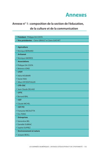 LES DONNÉES NUMÉRIQUES : UN ENJEU D’ÉDUCATION ET DE CITOYENNETÉ – 135
Annexes
Annexe n° 1 : composition de la section de l’éducation,
de la culture et de la communication
33 Président : Philippe DA COSTA
33 Vice présidentes : Claire GIBAULT et Claire GUICHET
❐❐ Agriculture
33 Monique BERNARD
❐❐ Artisanat
33 Monique AMOROS
❐❐ Associations
33 Philippe DA COSTA
33 Bérénice JOND
❐❐ CFDT
33 Adria HOUBAIRI
33 Xavier NAU
33 Albert RITZENTHALER
❐❐ CFE-CGC
33 Jean-Claude DELAGE
❐❐ CFTC
33 Bernard IBAL
❐❐ CGT
33 Claude MICHEL
❐❐ CGT-FO
33 Françoise NICOLETTA
33 Éric PERES
❐❐ Entreprises
33 Geneviève BEL
33 Danielle DUBRAC
33 Sophie DUPREZ
❐❐ Environnement et nature
33 Jacques BEALL
 