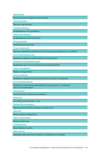 LES DONNÉES NUMÉRIQUES : UN ENJEU D’ÉDUCATION ET DE CITOYENNETÉ – 139
Makerspaces
Espace de travail exploité en communauté
Chief data officer
Directeur des données
Computer illiteracy
Analphabétisme de l’ordinateur
Information illiteracy
Analphabétisme de l’information
Privacy paradox
Paradoxe de la vie privée
Privacy framework
Structure logicielle de protection des données personnelles pour un individu
Cross border privacy rules
Système de règles de confidentialité transfrontalières
Recognited accountability agent
Applications pour servir de moyen de responsabilisation
Rules and guidelines
Règles et programmes
Privacy by design
Protection intégrée de la vie privée dès la conception d’un logiciel
Do not track by default
Application informatique permettant de ne pas traquer un utilisateur
sans son consentement
Closed circuit
Circuit fermé de caméras de surveillance
Patriot act
Loi antiterroriste des Etats - Unis
National Security Agency
Agence pour la sécurité nationale aux Etats-Unis
Open SSL
Boite à outils de chiffrement
Right to be left alone
Droit de rester seul
Crowdsourcing
Externalisation ouverte
Data scientist
Spécialiste de la donnée en matière de statistique et d’analyse
 