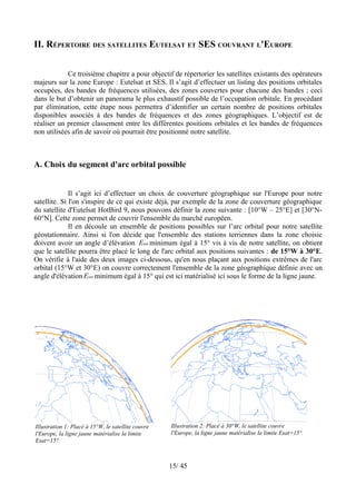 II. RÉPERTOIRE DES SATELLITES EUTELSAT ET SES COUVRANT L'EUROPE


            Ce troisième chapitre a pour objectif de répertorier les satellites existants des opérateurs
majeurs sur la zone Europe : Eutelsat et SES. Il s’agit d’effectuer un listing des positions orbitales
occupées, des bandes de fréquences utilisées, des zones couvertes pour chacune des bandes ; ceci
dans le but d’obtenir un panorama le plus exhaustif possible de l’occupation orbitale. En procédant
par élimination, cette étape nous permettra d’identifier un certain nombre de positions orbitales
disponibles associés à des bandes de fréquences et des zones géographiques. L’objectif est de
réaliser un premier classement entre les différentes positions orbitales et les bandes de fréquences
non utilisées afin de savoir où pourrait être positionné notre satellite.



A. Choix du segment d'arc orbital possible


              Il s’agit ici d’effectuer un choix de couverture géographique sur l'Europe pour notre
satellite. Si l'on s'inspire de ce qui existe déjà, par exemple de la zone de couverture géographique
du satellite d'Eutelsat HotBird 9, nous pouvons définir la zone suivante : [10°W – 25°E] et [30°N-
60°N]. Cette zone permet de couvrir l'ensemble du marché européen.
              Il en découle un ensemble de positions possibles sur l’arc orbital pour notre satellite
géostationnaire. Ainsi si l'on décide que l'ensemble des stations terriennes dans la zone choisie
doivent avoir un angle d’élévation Esat minimum égal à 15° vis à vis de notre satellite, on obtient
que le satellite pourra être placé le long de l'arc orbital aux positions suivantes : de 15°W à 30°E.
On vérifie à l'aide des deux images ci-dessous, qu'en nous plaçant aux positions extrêmes de l'arc
orbital (15°W et 30°E) on couvre correctement l'ensemble de la zone géographique définie avec un
angle d'élévation Esat minimum égal à 15° qui est ici matérialisé ici sous le forme de la ligne jaune.




Illustration 1: Placé à 15°W, le satellite couvre   Illustration 2: Placé à 30°W, le satellite couvre
l'Europe, la ligne jaune matérialise la limite      l'Europe, la ligne jaune matérialise la limite Esat=15°.
Esat=15°.



                                                    15/ 45
 