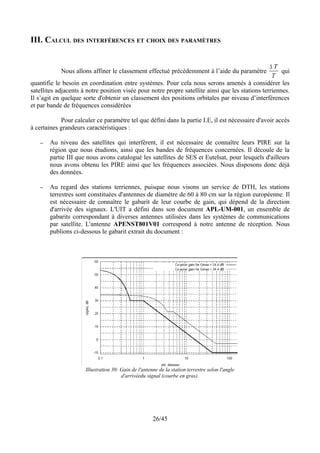 III. CALCUL DES INTERFÉRENCES ET CHOIX DES PARAMÈTRES


                                                                                                  ∆T
            Nous allons affiner le classement effectué précédemment à l’aide du paramètre              qui
                                                                                                   T
quantifie le besoin en coordination entre systèmes. Pour cela nous serons amenés à considérer les
satellites adjacents à notre position visée pour notre propre satellite ainsi que les stations terriennes.
Il s’agit en quelque sorte d'obtenir un classement des positions orbitales par niveau d’interférences
et par bande de fréquences considérées

            Pour calculer ce paramètre tel que défini dans la partie I.E, il est nécessaire d'avoir accès
à certaines grandeurs caractéristiques :

   –   Au niveau des satellites qui interfèrent, il est nécessaire de connaître leurs PIRE sur la
       région que nous étudions, ainsi que les bandes de fréquences concernées. Il découle de la
       partie III que nous avons catalogué les satellites de SES et Eutelsat, pour lesquels d'ailleurs
       nous avons obtenu les PIRE ainsi que les fréquences associées. Nous disposons donc déjà
       des données.

   –   Au regard des stations terriennes, puisque nous visons un service de DTH, les stations
       terrestres sont constituées d'antennes de diamètre de 60 à 80 cm sur la région européenne. Il
       est nécessaire de connaître le gabarit de leur courbe de gain, qui dépend de la direction
       d'arrivée des signaux. L'UIT a défini dans son document APL-UM-001, un ensemble de
       gabarits correspondant à diverses antennes utilisées dans les systèmes de communications
       par satellite. L'antenne APENST801V01 correspond à notre antenne de réception. Nous
       publions ci-dessous le gabarit extrait du document :




                      Illustration 30: Gain de l'antenne de la station terrestre selon l'angle
                                       d'arrivéedu signal (courbe en gras).




                                                      26/45
 