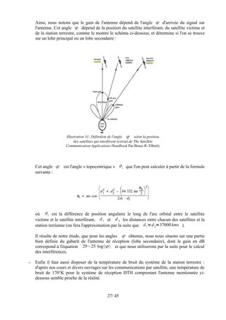 Ainsi, nous notons que le gain de l'antenne dépend de l'angle  d'arrivée du signal sur
    l'antenne. Cet angle  dépend de la position du satellite interférant, du satellite victime et
    de la station terrestre, comme le montre le schéma ci-dessous, et détermine si l'on se trouve
    sur un lobe principal ou un lobe secondaire :




                     Illustration 31: Définition de l'angle  selon la position
                          des satellites qui interfèrent (extrait de The Satellite
                     Communication Applications Handbook Par Bruce R. Elbert).




    Cet angle  est l'angle « topocentrique »  t que l'on peut calculer à partir de la formule
    suivante :




    où  t est la différence de position angulaire le long de l'arc orbital entre le satellite
    victime et le satellite interférant, d 1 et d 2 les distances entre chacun des satellites et la
    station terrienne (on fera l'approximation par la suite que d 1=d 2=37000 kms ).

    Il résulte de notre étude, que pour les angles  obtenus, nous nous situons sur une partie
    bien définie du gabarit de l'antenne de réception (lobe secondaire), dont le gain en dB
    correspond à l'équation 29−25⋅log et que nous utiliserons par la suite pour le calcul
    des interférences.

–   Enfin il faut aussi disposer de la température de bruit du système de la station terrestre :
    d'après nos cours et divers ouvrages sur les communications par satellite, une température de
    bruit de 170°K pour le système de réception DTH comprenant l'antenne mentionnée ci-
    dessous semble proche de la réalité.


                                               27/ 45
 