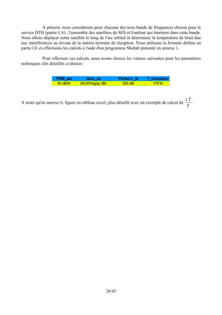 A présent, nous considérons pour chacune des trois bande de fréquences choisie pour le
service DTH (partie I.A) , l'ensemble des satellites de SES et Eutelsat qui émettent dans cette bande.
Nous allons déplacer notre satellite le long de l'arc orbital et déterminer la température de bruit due
aux interférences au niveau de la station terrestre de réception. Nous utilisons la formule définie en
partie I.E et effectuons les calculs à l'aide d'un programme Matlab présenté en annexe 1.

           Pour effectuer ces calculs, nous avons choisis les valeurs suivantes pour les paramètres
techniques clés détaillés ci-dessus :


                    PIRE_sat        Gain_es             Pertes L_fs     T_récepteur
                    50 dBW       29-25*log(φ) dBi         205 dB           170°K



                                                                                              ∆T
A noter qu'en annexe 6, figure un tableau excel, plus détaillé avec un exemple de calcul de      .
                                                                                              T




                                                28/45
 