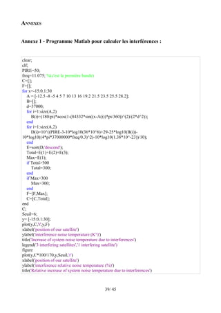 ANNEXES


Annexe 1 - Programme Matlab pour calculer les interférences :


clear;
clf;
PIRE=50;
freq=11.075; %(c'est la première bande)
C=[];
F=[];
for x=-15:0.1:30
    A = [-12.5 -8 -5 4 5 7 10 13 16 19.2 21.5 23.5 25.5 28.2];
    B=[];
    d=37000;
    for i=1:size(A,2)
       B(i)=(180/pi)*acos(1-(84332*sin((x-A(i))*pi/360))^(2)/(2*d^2));
    end
    for i=1:size(A,2)
       D(i)=10^((PIRE-3-10*log10(36*10^6)+29-25*log10(B(i))-
10*log10((4*pi*37000000*freq/0.3)^2)-10*log10(1.38*10^-23))/10);
    end
    E=sort(D,'descend');
    Total=E(1)+E(2)+E(3);
    Max=E(1);
    if Total>300
       Total=300;
    end
    if Max>300
       Max=300;
    end
    F=[F,Max];
    C=[C,Total];
end
C;
Seuil=6;
y= [-15:0.1:30];
plot(y,C,'r',y,F)
xlabel('position of our satellite')
ylabel('interference noise temperature (K°)')
title('Increase of system noise temperature due to interferences')
legend('3 interfering satellites','1 interfering satellite')
figure
plot(y,C*100/170,y,Seuil,'r')
xlabel('position of our satellite')
ylabel('interference relative noise temperature (%)')
title('Relative increase of system noise temperature due to interferences')



                                               39/ 45
 