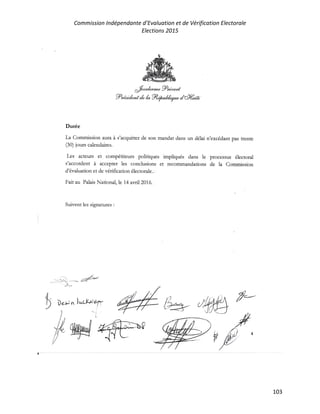 Commission Indépendante d’Evaluation et de Vérification Electorale
Elections 2015
103
Les acteurs et comp6titeurs poliuques
s'accotdcnt ) accepter 1es conclusions
d'6valuation ct de v6nfication 6iectorale..
Fait au Palais Nationai, le 14 avrtl2016.
Suivent lcs signarures :
dfr.,t"hr-r* %r-arrs
'.Q".rnl*rrr 1, /*'%.d/rr/b?r* /'dtffiih
Du16e
La Commission aura b, s'acquitter de son mandat dans un d6lai n'exc6dant pas treflte
(30) jouts calendaires.
impliqu6s dans Ie processus 6lectoral
et recofirmandations de La Commission
d#'
r
M-
 