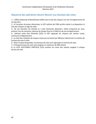 Commission Indépendante d’Evaluation et de Vérification Electorale
Elections 2015
36
Séquence des opérations devant Aboutir aux résultats des votes
1.- L’Office Nationale d’Identification (ONI) crée la liste des citoyens lors de l’enregistrement de
ces derniers.
2.- A l’occasion de joutes électorales, le CEP sollicite de l’ONI qu’elle mette à sa disposition la
liste des citoyens en âge de voter.
3.- De ces données est extraite la « Liste Electorale Générale » (LEG) comprend les nom,
prénom, lieu de naissance, adresse du citoyen fournis à l’ONI lors de son enregistrement.
4.- Utilisant cette liste Générale (LEG), le CEP regroupe les citoyens par section rurale,
commune et Département
5.- Le total des résidents de chaque commune est divisé par 400 pour déterminer le nombre de
bureaux de vote à créer.
6.- Selon l’espace disponible, ces bureaux de vote sont regroupés en Centres de vote.
7.- A Chaque bureau de vote sont assignés un maximum de 400 votants
8. La LISTE ELECTORALE PARTIELLE (LEP) contient les noms des votants assignés à chaque
bureau de vote.
 