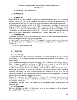 Commission Indépendante d’Evaluation et de Vérification Electorale
Elections 2015
55
• Neuf (9) dossiers pour la députation.
A. SENATORIALES
1. Joseph WILLOT
Monsieur Williot JOSEPH, candidat au Sénat pour le Département du Centre sous la bannière
du Parti Haïtien Tèt Kale (PHTK), demande à la CIEVE de procéder à l’évaluation et à la
vérification des sénatoriales dans ledit Département et consacrer sa victoire au premier tour.
Après analyse de la décision rendue par le BCEN suite au recours exercé par Emmanuel Mc
Grégore CHEVRY, la CIEVE recommande au CEP de maintenir l’arrêt rendu par cet organe
contentieux puisque dans les résultats affichés par le CEP en date du 7 novembre 2015 pour le
Département du Centre il n’existe qu’un écart de 12, 03% entre Monsieur JOSEPH qui a totalisé
43 491 votes, soit 27, 78% et le sieur Wilfrid GELIN qui a obtenu 24 647 votes, soit 15, 75%.
2. Louis Joseph Joel
Demande d’enquête et de vérification du processus de vote dans les communes Boucan-Carré,
Savanette, Maïssade, Cerca-la-Source et Las Cahobas.
La requête de Monsieur Joseph Joël Louis n’est supportée par aucun document, procès-verbal
ou constat. De plus, les enquêtes sur le terrain ne rentrent pas dans les attributions de la
Commission.
La CIEVE ne peut donc y donner suite.
B. DEPUTATION
1. Cerca-Carvajal
Le sieur Jean-Baptiste LERES, candidat à la députation pour la circonscription de Cerca-Carvajal,
demande à la CIEVE de reprendre les élections dans les zones où 70 % des procès-verbaux n’ont
été recueillis (…).
Enfin, il est à signaler qu’aucune décision rendue par le BCEN n’a été retrouvée dans ce dossier.
Suite à l’analyse de la décision rendue par le BCED/Centre le mercredi 26 aout 2015, la CIEVE
recommande au CEP de maintenir cette décision fondée en fait et en droit.
En effet, le contestataire a demandé au BCED/ Centre de déclarer nul tous les procès-verbaux
dressés par les membres de bureau de vote et les superviseurs électoraux pour défaut de
prestation de serment. Or, suite à une correspondance adressée le 7 aout 2015 par les
membres de bureau de vote et des superviseurs, il ressort qu’en date du 8 aout 2015, le juge de
paix Joseph Leret a reçu leur prestation de serment.
Ensuite, il a demandé au BCED/ Centre de reprendre le processus électoral pour la
circonscription du Cerca-Carval. Il est évident qu’une telle mesure ne compète nullement à
aucun organe contentieux.
Fort de ce qui précède, c’est à bon droit que le BCED/ Centre a rejeté la contestation de
Monsieur LERES.
2. Cerca-La-Source
Odrience CLEMENT, candidat à la députation pour la circonscription de Cerca-la-Source,
demande à la CIEVE d’analyser son dossier.
 