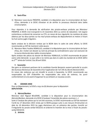 Commission Indépendante d’Evaluation et de Vérification Electorale
Elections 2015
57
6. Saut-d’Eau
1) Monsieur Louis-Jeune PROSPER, candidat à la députation pour la circonscription de Saut-
d’Eau, demande à la CIEVE d’évaluer et de vérifier le processus électoral dans ladite
circonscription.
Pour répondre à la demande de vérification des procès-verbaux produite par Monsieur
PROSPER, le BCEN s’est transporté le 23 novembre 2015 au centre de tabulation. Cet organe
contentieux a ordonné de conserver au CTV, en raison de leur régularité, les nombres de votes
obtenus par les deux parties sur les neuf procès-verbaux de dépouillement et mettre à l’écart
les huit autres jugés irréguliers.
Après analyse de la décision rendue par le BCEN dans le cadre de cette affaire, la CIEVE
recommande au CEP de maintenir cette œuvre.
2) Monsieur Marc Faublas ROMULUS, candidat à la députation pour la circonscription de Saut-
d’Eau, de « traiter son dossier au nom du principe du contradictoire» pour son exclusion de
la course électorale dans ladite circonscription.
Après analyse des pièces du dossier de Monsieur ROMULUS, la CIEVE recommande de passer
outre cette demande vu que celle-ci ne rentre pas dans le cadre du mandat de la CIEVE défini
au 2ème
alinéa de l’article 2 du 28 avril 2016.
7. Savanette
Des gens se réclamant partisans de la candidate Guerda Benjamin avaient perturbé le scrutin
des bureaux électoraux de Savanette d’où l’application de l’art 195 du décret électoral 2015.
En raison des violences qui ont émaillé le scrutin à Savanette, la CIEVE recommande aux
responsables du CEP d’identifier les responsables des actes de violence, les punir
conformément à la loi avant d’organiser le cas échéant un nouveau scrutin.
III. GRANDE-ANSE
Pour ce Département, la CIEVE a reçu six (6) dossiers pour la députation
DEPUTATION
1. Abricot/Bonbon
Monsieur Jean Rigaud BELIZAIRE, candidat à la députation pour la circonscription des
Abricots/Bonbon, demande à la CIEVE d’analyser l’ensemble des pièces soumises (…)
Suite à l’analyse des pièces qui lui ont été soumises, la CIEVE recommande au CEP de maintenir
l’arrêt du 17 décembre 2015 rendu par le BCEN puisque suite à une mesure d’instruction en
date du 10 décembre 2015 les juges électoraux ont, en présence des parties, tranché sur
l’irrégularité du procès-verbal DE32151 et ordonné le maintien de la mise à l’écart du procès-
verbal DE32154.
2. Jérémie
 