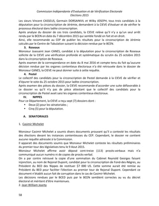 Commission Indépendante d’Evaluation et de Vérification Electorale
Elections 2015
58
Les sieurs Vincent CASSEUS, Germain DORSAINVIL et Wilky JOSEPH, tous trois candidats à la
députation pour la circonscription de Jérémie, demandent à la CIEVE d’évaluer et de vérifier le
processus électoral dans ladite circonscription.
Après analyse du dossier de ces trois candidats, la CIEVE relève qu’il n’y a qu’un seul arrêt
rendu par le BCEN en date du 7 décembre 2015 qui semble fondé en fait et en droit.
Ainsi, elle recommande au CEP de publier les résultats pour la circonscription de Jérémie
calculés par le Centre de Tabulation suivant la décision rendue par le BCEN.
3. Roseaux
Monsieur Joassaint Jean CANES, candidat à la députation pour la circonscription de Roseaux
sollicite de la CIEVE une vérification profonde et systématique du scrutin du 25 octobre 2015
dans la circonscription de Roseaux.
Après examen de la correspondance en date du 8 mai 2016 et compte tenu du fait qu’aucune
décision rendue par les organes contentieux électoraux n’a été retrouvée dans le dossier de
Monsieur CANES, la CIEVE ne peut donner suite à cette requête.
4. Pestel
Le collectif des candidats pour la circonscription de Pestel demande à la CIEVE de vérifier et
d’épurer le vote du 25 octobre 2015 pour ladite circonscription.
Après examen des pièces du dossier, la CIEVE recommande d’accorder une suite défavorable à
ce dossier vu qu’il n’y pas de pièce attestant que le collectif des candidats pour la
circonscription de Pestel avait saisi les organes contentieux électoraux.
IV. NIPPES
Pour ce Département, la CIEVE a reçu sept (7) dossiers dont :
• Deux (2) pour les sénatoriales ;
• Cinq (5) pour la députation.
A. SENATORIALES
1. Casimir Michelet
Monsieur Casimir Michelet a soumis divers documents prouvant qu’il a contesté les résultats
des élections devant les instances contentieuses du CEP. Cependant, le dossier ne contient
aucune requête adressée à la Commission.
Il apparait des documents soumis que Monsieur Michelet conteste les résultats préliminaires
du premier tour des législatives tenu le 9 Aout 2015.
Monsieur Michelet affirme avoir déposé cent-treize (113) procès-verbaux mais n’a
communiqué aucun numéro ni de copies de procès-verbal.
On a par contre retrouvé la copie d’une sommation du Cabinet Reynold Georges faisant
injonction, au nom de Rejonal Dupont, candidat pour la circonscription de Fond-des-Nègres, au
Président du BED des Nippes de restituer $7 000 US. Cette somme aurait été remise au
Président du BED pour faciliter l’élection au premier tour de Rejonal Dupont. Cependant ce
document n’établit aucun fait de corruption dans le cas de Casimir Michelet.
Les décisions rendues par le BCED puis par le BCEN semblent correctes au vu du décret
électoral et méritent d’être maintenues.
2. Jean William Jeanty
 