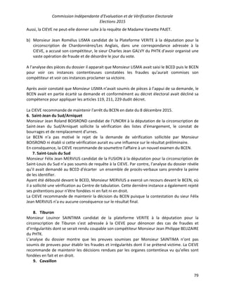 Commission Indépendante d’Evaluation et de Vérification Electorale
Elections 2015
79
Aussi, la CIEVE ne peut-elle donner suite à la requête de Madame Vanette PAJET.
b) Monsieur Jean Romélus LISMA candidat de la Plateforme VERITE à la députation pour la
circonscription de Chardonnières/Les Anglais, dans une correspondance adressée à la
CIEVE, a accusé son compétiteur, le sieur Charles Jean GALVY du PHTK d'avoir organisé une
vaste opération de fraude et de désordre le jour du vote.
A l’analyse des pièces du dossier il apparait que Monsieur LISMA avait saisi le BCED puis le BCEN
pour voir ces instances contentieuses constatées les fraudes qu’aurait commises son
compétiteur et voir ces instances proclamer sa victoire.
Après avoir constaté que Monsieur LISMA n’avait soumis de pièces à l’appui de sa demande, le
BCEN avait en partie écarté sa demande et conformément au décret électoral avait décliné sa
compétence pour appliquer les articles 119, 211, 229 dudit décret.
La CIEVE recommande de maintenir l'arrêt du BCEN en date du 8 décembre 2015.
6. Saint-Jean du Sud/Arniquet
Monsieur Jean Roland BOISROND candidat de l’UNCRH à la députation de la circonscription de
Saint-Jean du Sud/Arniquet sollicite la vérification des listes d’émargement, le constat de
bourrages et de remplacement d’urnes.
Le BCEN n’a pas motivé le rejet de la demande de vérification sollicitée par Monsieur
BOISROND ni établi si cette vérification aurait eu une influence sur le résultat préliminaire.
En conséquence, la CIEVE recommande de soumettre l'affaire à un nouvel examen du BCEN.
7. Saint-Louis du Sud
Monsieur Félix Jean MERVIUS candidat de la FUSION à la députation pour la circonscription de
Saint-Louis du Sud n’a pas soumis de requête à la CIEVE. Par contre, l’analyse du dossier révèle
qu'il avait demandé au BCED d’écarter un ensemble de procès-verbaux sans prendre la peine
de les identifier.
Ayant été débouté devant le BCED, Monsieur MERVIUS a exercé un recours devant le BCEN, où
il a sollicité une vérification au Centre de tabulation. Cette dernière instance a également rejeté
ses prétentions pour n’être fondées ni en fait ni en droit.
La CIEVE recommande de maintenir la décision du BCEN puisque la contestation du sieur Félix
Jean MERVIUS n’a eu aucune conséquence sur le résultat final.
8. Tiburon
Monsieur Louinor SAINTIMA candidat de la plateforme VERITE à la députation pour la
circonscription de Tiburon s’est adressée à la CIEVE pour dénoncer des cas de fraudes et
d’irrégularités dont se serait rendu coupable son compétiteur Monsieur Jean Philippe BELIZAIRE
du PHTK.
L’analyse du dossier montre que les preuves soumises par Monsieur SAINTIMA n’ont pas
soumis de preuves pour établir les fraudes et irrégularités dont il se prétend victime. La CIEVE
recommande de maintenir les décisions rendues par les organes contentieux vu qu’elles sont
fondées en fait et en droit.
9. Cavaillon
 