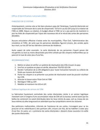 Commission Indépendante d’Evaluation et de Vérification Electorale
Elections 2015
31
Office d’identification nationale (ON...
