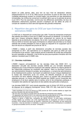 Rapport 2013 du comité de suivi du CICE 
étaient en juillet dernier, elles, plus loin du taux final de déclaration attendu 
(respectivement 67 % et 70 %). Mais aucune conclusion ne peut en être tirée car les 
modalités déclaratives rendent ce constat fragile. Les premières ont des déclarations 
trimestrielles, les chiffres les concernant ne portent donc que sur la période de janvier 
à juin 2013. Pour les secondes, comme pour les différences sectorielles, les taux de 
déclaration relativement moindres peuvent s’expliquer par les délais de prise en 
compte de l’assiette du CICE dans les logiciels des grandes entreprises. 
2. Répartition des gains du CICE par type d’entreprise : 
estimations INSEE 
Le CICE est un dispositif par construction peu ciblé. Toutes les entreprises employant 
des salariés rémunérés à moins de 2,5 SMIC net peuvent en bénéficier. Le montant du 
gain pour chaque entreprise dépend donc uniquement du volume de sa masse 
salariale et de sa distribution de salaires. De ce fait, il est possible de prévoir les gains 
tirés du CICE en fonction des types d’entreprise en utilisant des données sur la masse 
salariale des années précédant la mise en place du dispositif et en supposant que le 
taux de recours au dispositif est proche de 100 %1. 
L’INSEE a réalisé, à partir des déclarations annuelles de données sociales des 
entreprises en 2011, des estimations sur la répartition des gains du CICE par type 
d’entreprise et par secteur. Cette analyse permet d’identifier les profils des entreprises 
les plus exposées au dispositif, c’est-à-dire les plus pourvoyeuses d’emplois dont les 
salaires n’excèdent pas 2,5 SMIC nets. 
2.1. Données mobilisées 
L’INSEE s’appuie principalement sur les données tirées des DADS 2011. La 
déclaration annuelle des données sociales (DADS) est une formalité déclarative 
obligatoire pour toute entreprise employant des salariés2 relevant du régime général et 
les collectivités publiques qui emploient des salariés3. Dans ce document commun 
aux administrations fiscales et sociales, les employeurs, y compris les administrations 
et les établissements publics, fournissent annuellement et pour chaque établissement 
la masse des traitements qu’ils ont versés, les effectifs employés et une liste 
nominative de leurs salariés indiquant pour chacun le montant des rémunérations 
salariales perçues. Le champ des DADS exploité par l’INSEE couvre l’ensemble des 
employeurs et de leurs salariés dans le secteur privé et les entreprises publiques, à 
l’exception des salariés de l’agriculture et des salariés des particuliers employeurs. 
Les données DADS 2011 sont ensuite appariées avec le fichier LIFI 2010 qui permet 
de disposer de la catégorie d’entreprise4 (micro, PME, ETI, GE), mais dont le champ 
1 Cette hypothèse d’un taux de recours au CICE proche de 100 % semble réaliste au regard des 
premiers résultats tirés des données ACOSS. 
2 Ne sont donc par prises en compte dans ces données les entreprises sans salariés. 
3 En application de l’article R 243-14 du code de la sécurité sociale (décret du 24 mars 1972) et des 
articles 87.240 et 241 de la loi 51-711 du 7 juin 1951 du code général des impôts. 
4 Depuis le décret n° 2008-1354, l’entreprise est définie comme « la plus petite combinaison 
d’unités légales qui constitue une unité organisationnelle de production de biens et services 
jouissant d’une certaine autonomie de décision, notamment pour l’affectation de ses ressources 
courantes ». Avec les données ici mobilisées, on approche cette notion d’entreprise en considérant 
un groupe de sociétés comme une seule « entreprise ». 
CGSP Octobre 2013 
www.strategie.gouv.fr 26 
 